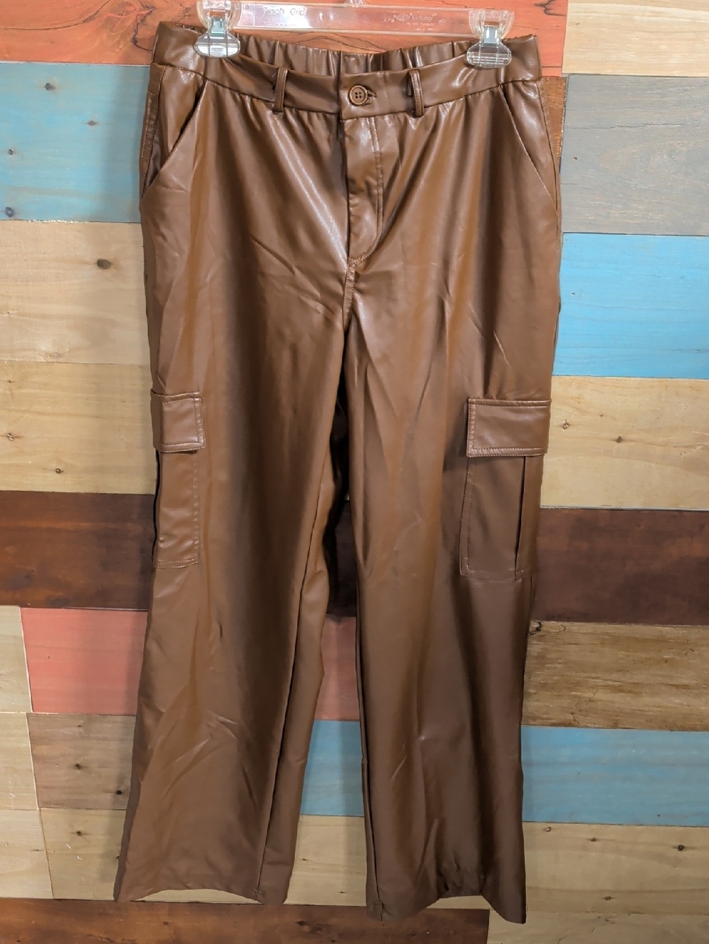 Women's Brown Faux-Leather Cargo Flare Pants